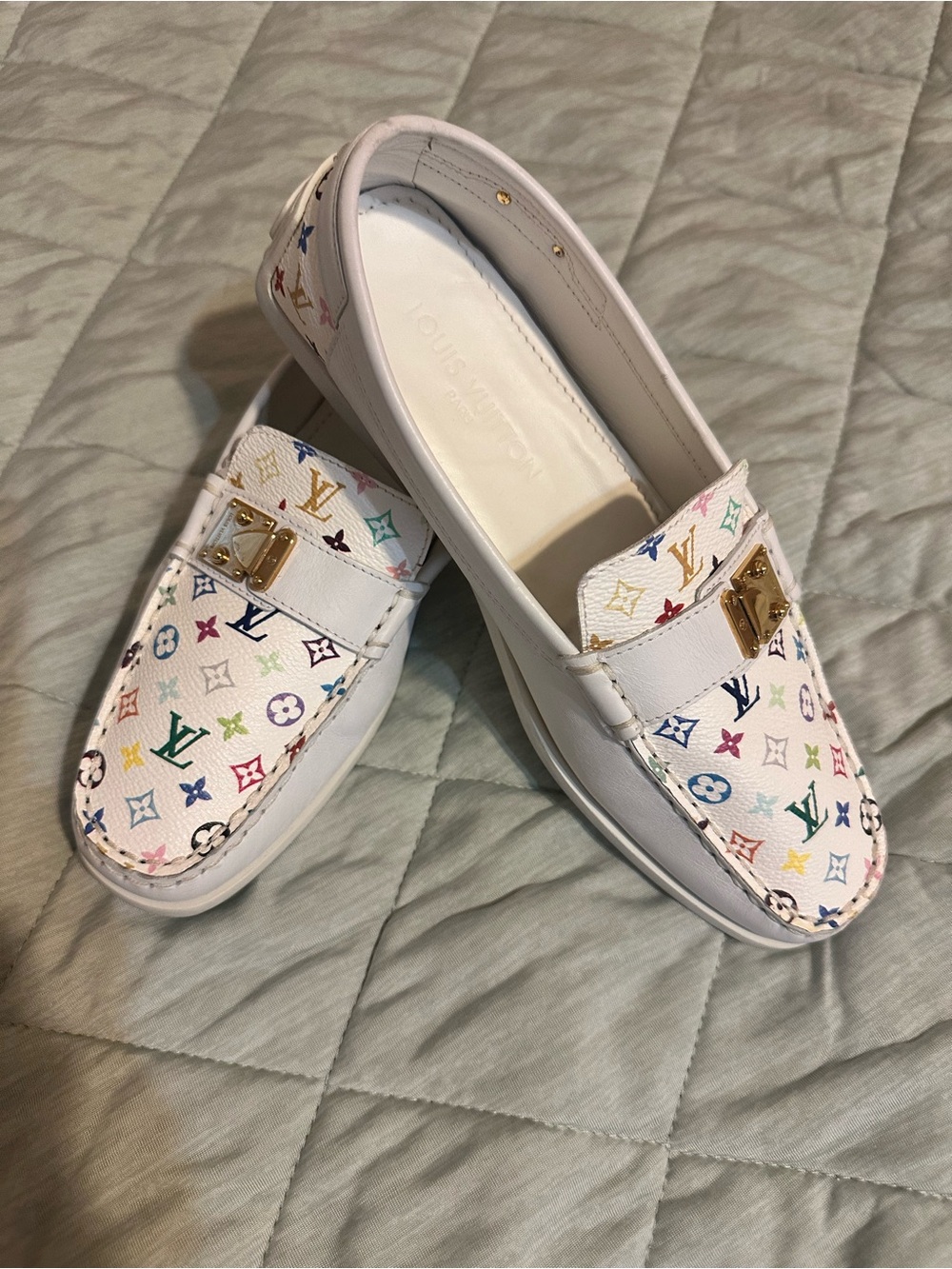 Louis Vuitton White Multicolor Monogram Driving Loafers with Gold Hardware